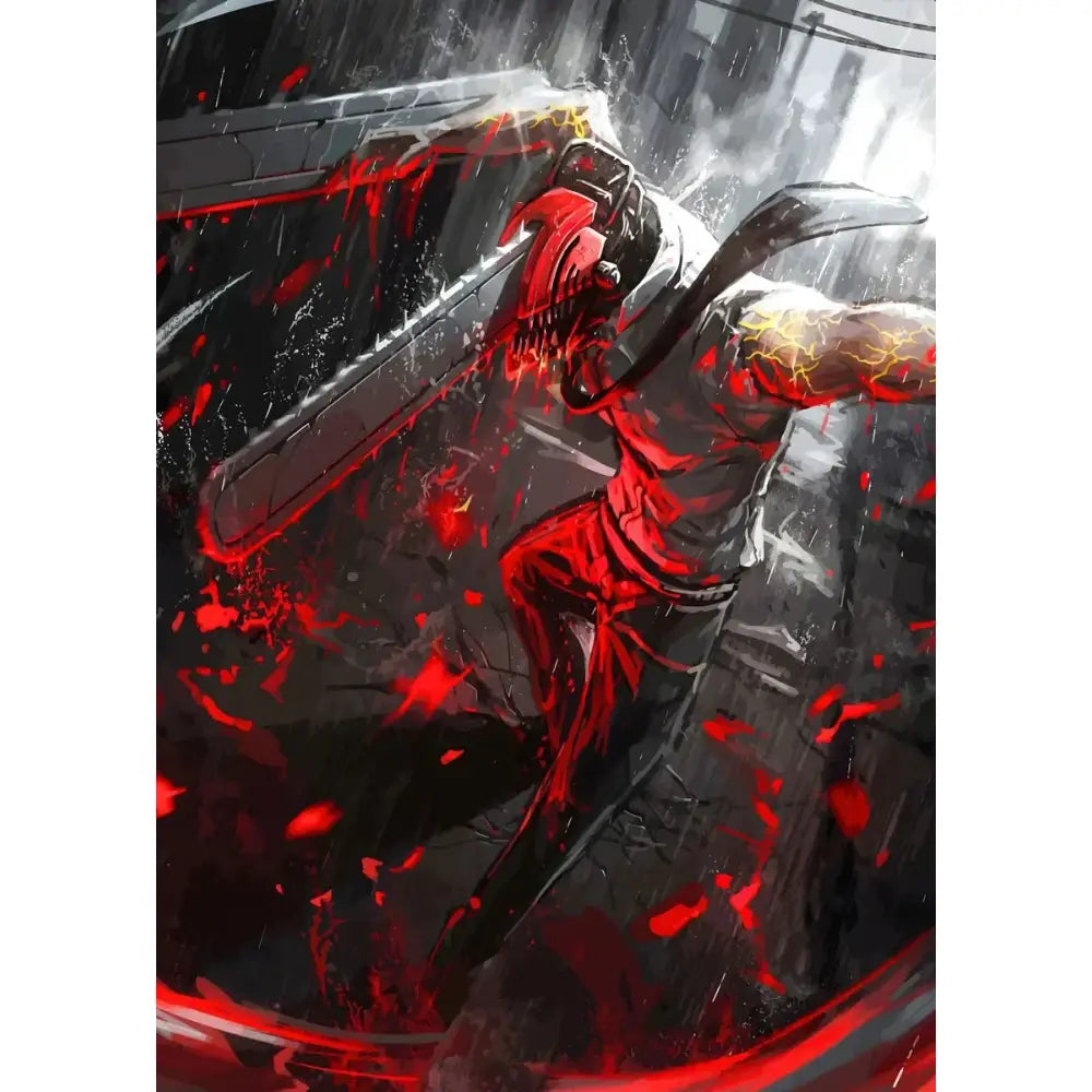 A menacing chainsaw man figure in a dark rain-soaked urban scene printed on canvas wall art poster