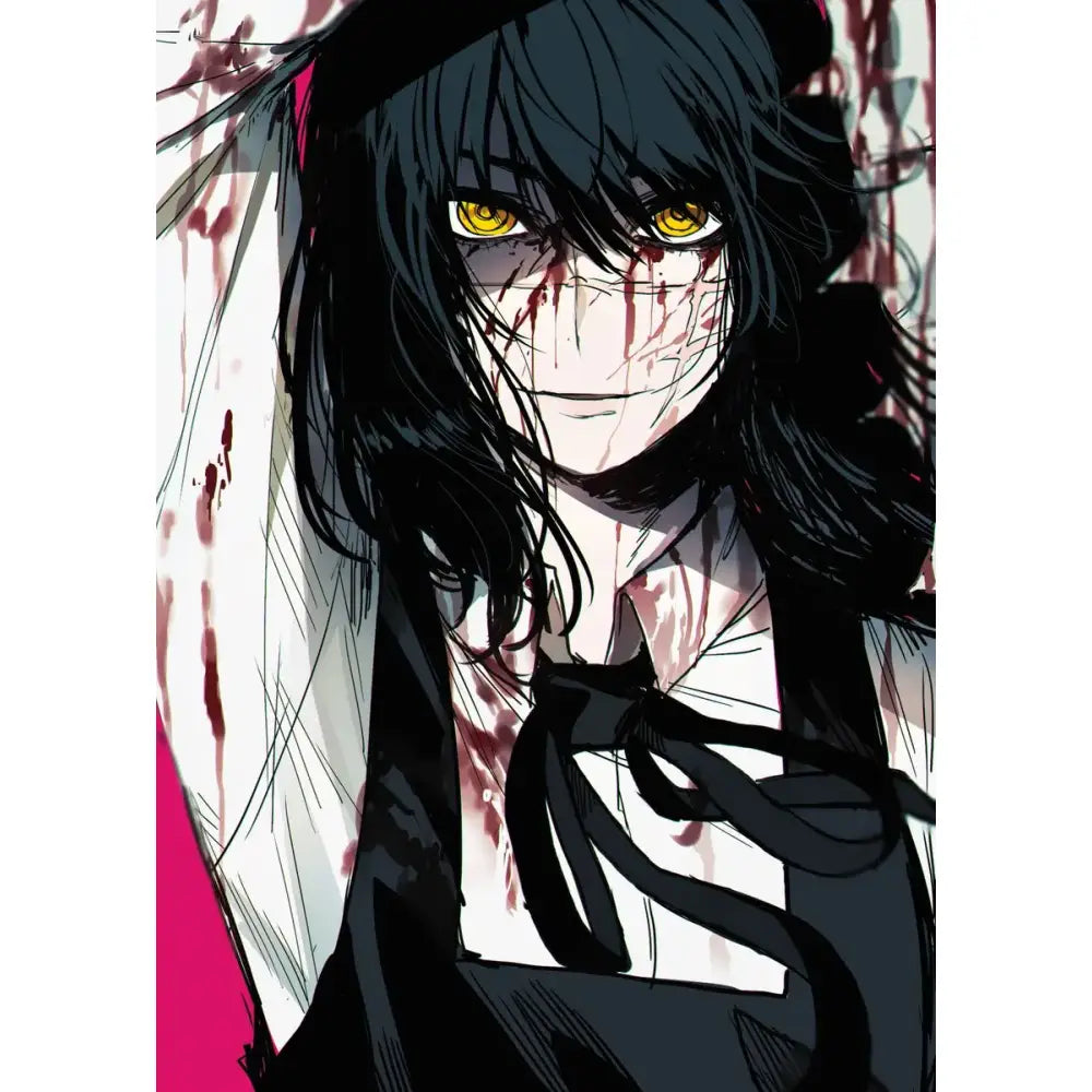 Chainsaw man canvas wall art poster featuring a dark-haired character with yellow eyes and blood-stained white shirt