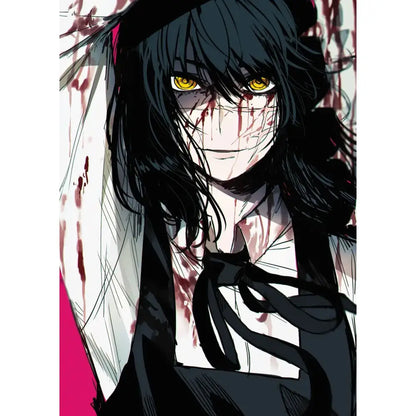 Chainsaw man canvas wall art poster featuring a dark-haired character with yellow eyes and blood-stained white shirt