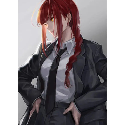 Chainsaw man canvas wall art poster featuring a red-haired anime girl in black blazer white shirt and tie in hd print