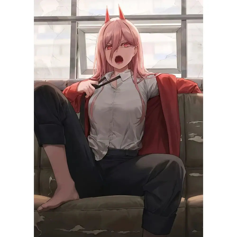 Chainsaw man denji canvas wall art poster featuring a pink-haired character with red horns and glowing eyes sitting on couch