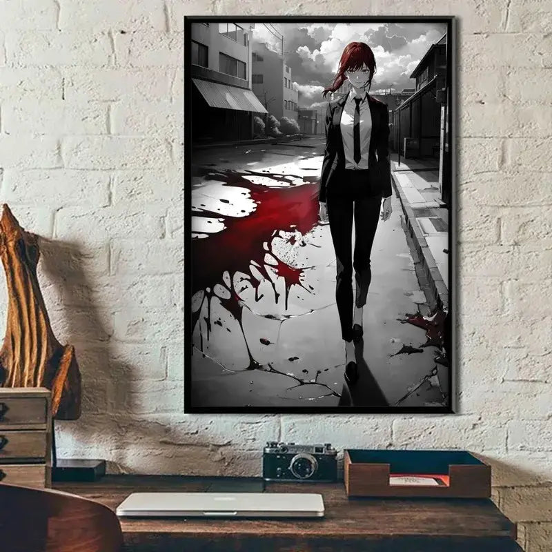 Black and white chainsaw man canvas wall art poster featuring red-haired woman in suit with red blood splatter
