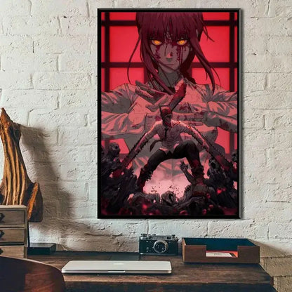 Chainsaw man denji canvas wall art poster featuring red-haired character with glowing orange eyes on vivid red background
