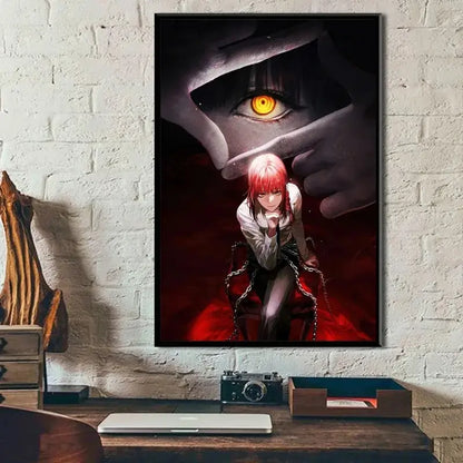 A chainsaw man canvas wall art poster featuring red-haired denji in chains under an orange-eyed hand on dark background