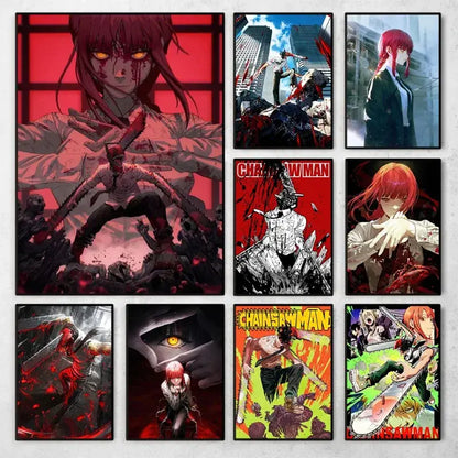 Set of nine framed chainsaw man canvas wall art posters featuring characters and scenes in a grid layout