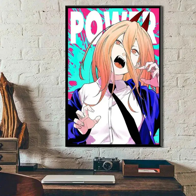 Vibrant chainsaw man canvas wall art poster featuring orange-haired denji with devil horns and power text on pink teal background