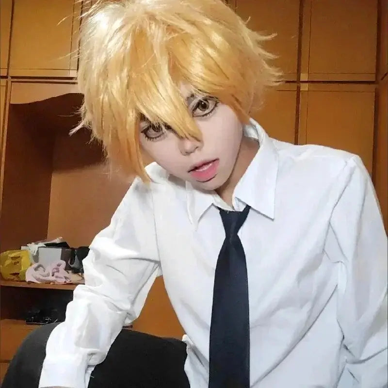 A vibrant spiky blonde cosplay wig with textured layered cut for chainsaw man Denji cosplay adult set
