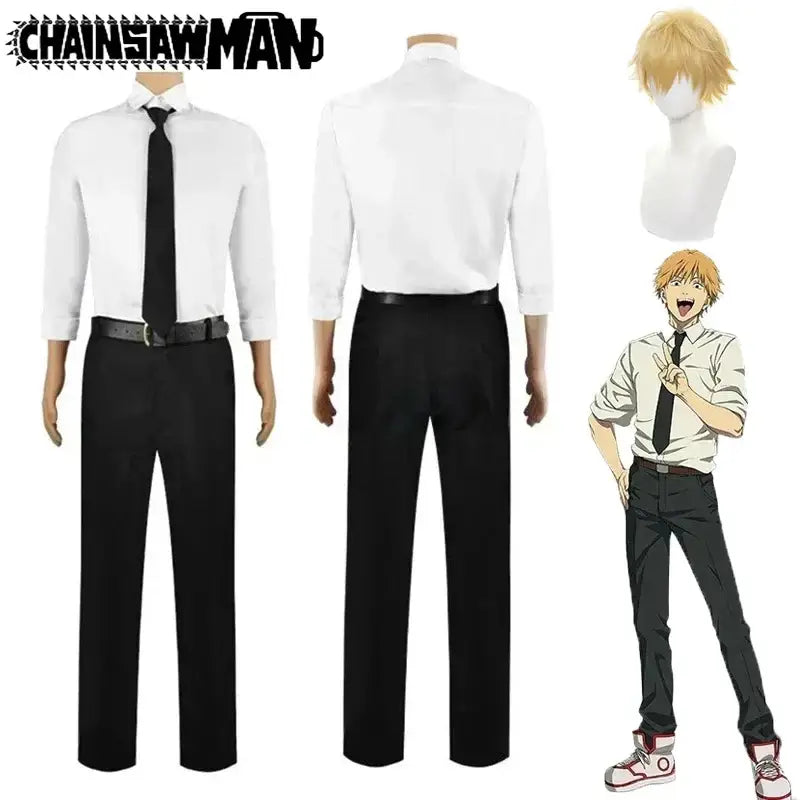 Adult chainsaw man denji cosplay costume featuring a white button-up shirt black trousers belt and blonde wig