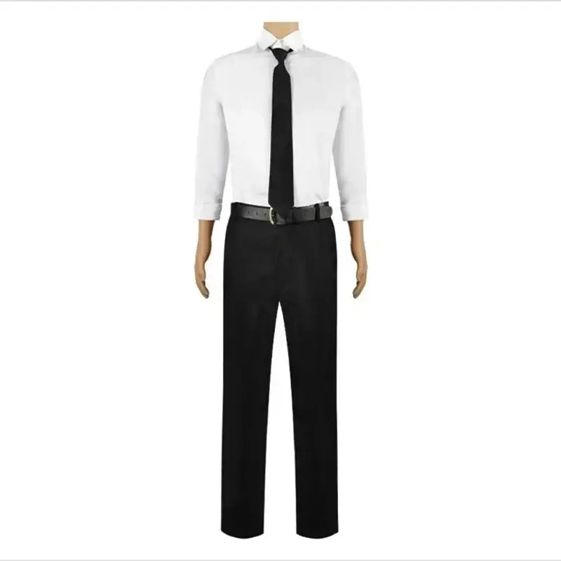 White long-sleeved dress shirt with classic collar and black tie paired with trousers for chainsaw man denji cosplay