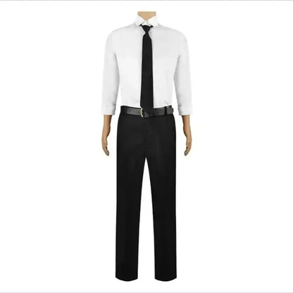 White long-sleeved dress shirt with classic collar and black tie paired with trousers for chainsaw man denji cosplay
