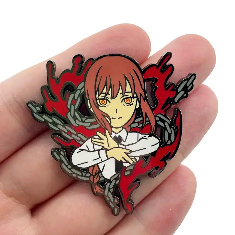 Chainsaw man denji enamel pin with red hair fiery orange eyes black chains and crimson flames kawaii badge brooch