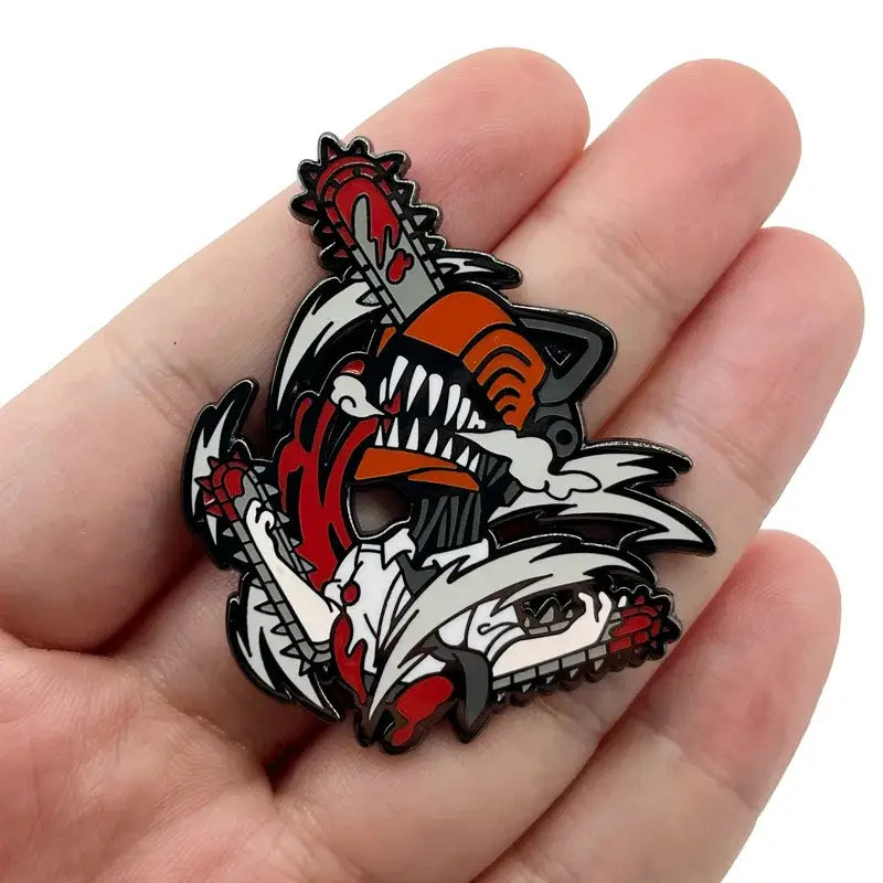 Vibrant chainsaw man enamel pin featuring denji with orange helmet and chainsaws in red white black and gray tones