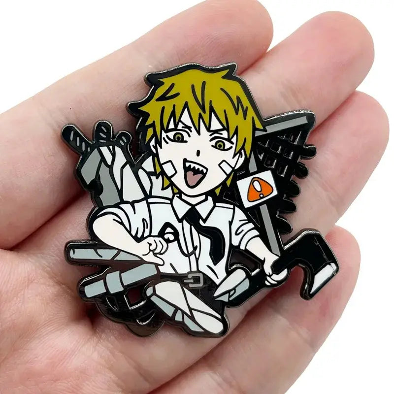 Black and white enamel pin of chainsaw man anime character denji with blonde hair in school uniform surrounded by tools