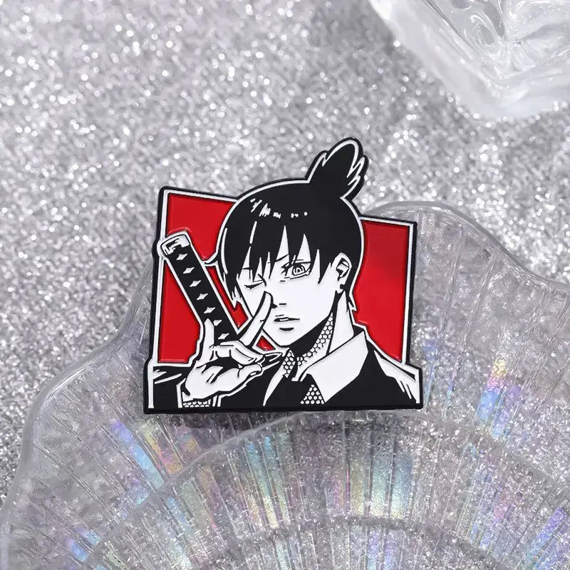 Chainsaw man denji enamel pin black and white anime character holding a sword on red background kawaii badge brooch