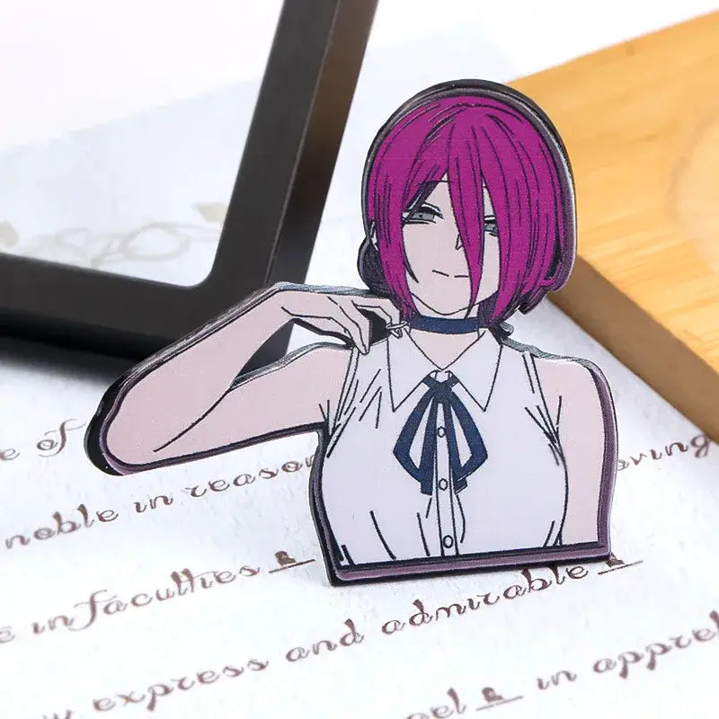 Chainsaw man denji enamel pin featuring purple hair, black outline, white shirt, and navy blue bow tie kawaii badge brooch