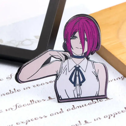 Chainsaw man denji enamel pin featuring purple hair, black outline, white shirt, and navy blue bow tie kawaii badge brooch