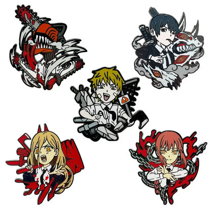 Set of five chainsaw man anime enamel pins featuring denji in bold red and black stylized poses for kawaii brooches
