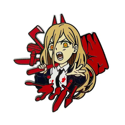 Chainsaw man denji enamel pin featuring a red and black cartoon character with blonde hair and devil horns blood splatters
