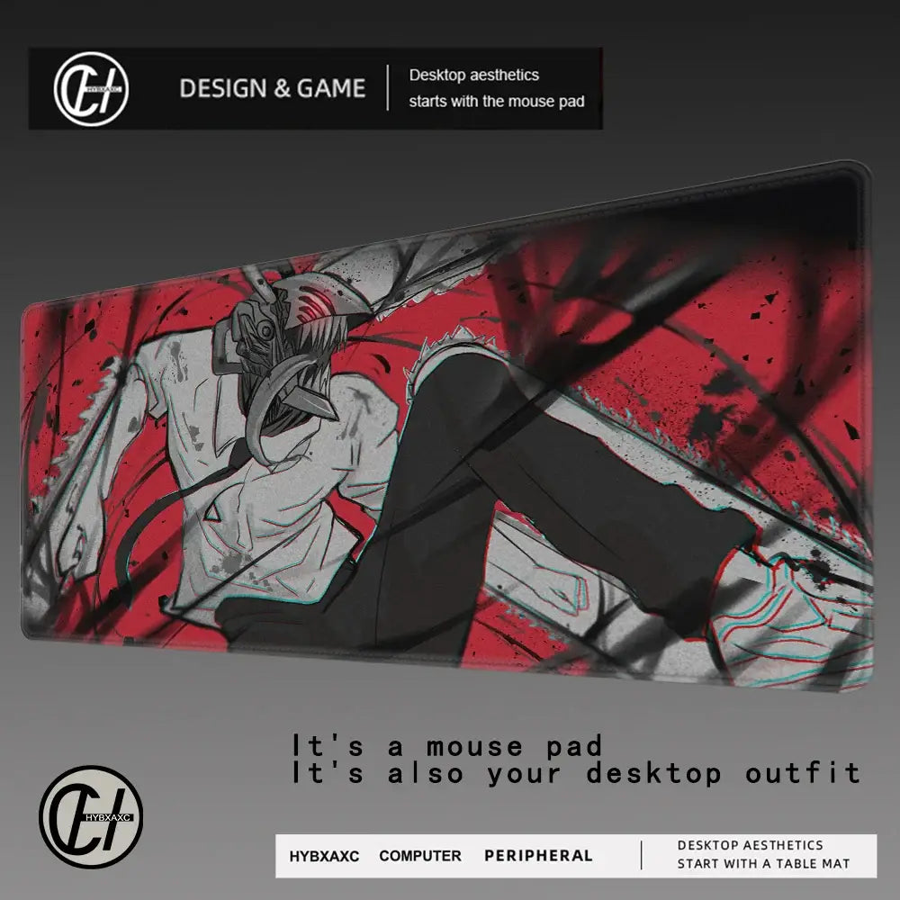 Chainsaw man denji mouse pad with dynamic anime design red tracking surface and rubber base for non-slip gaming