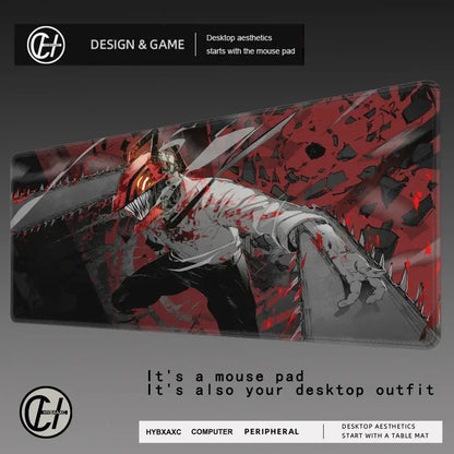 Red and black anime mouse pad featuring chainsaw man denji with rubber base and non-slip tracking surface for gaming