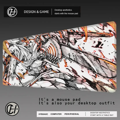 Chainsaw man denji mouse pad with dynamic black and white anime design, rubber base, and non-slip tracking surface