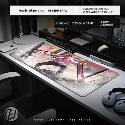 Long rectangular chainsaw man denji mouse pad with anime artwork rubber base non slip tracking surface in red gray tones