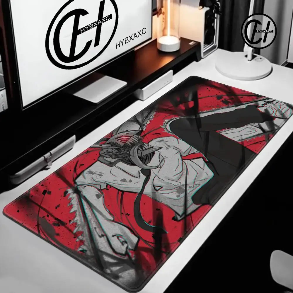 Chainsaw Man Denji mouse pad with red and black anime design, non-slip rubber base, and smooth tracking surface for gaming