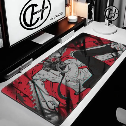 Chainsaw Man Denji mouse pad with red and black anime design, non-slip rubber base, and smooth tracking surface for gaming