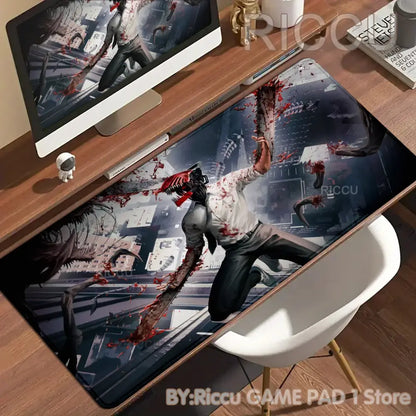 Black and red graphic chainsaw man denji mouse pad with blood splatters on dark cityscape desk mat non slip xxl