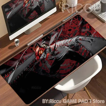 Red and black chainsaw man denji desk mat featuring a dynamic anime character design and non-slip surface mouse pad