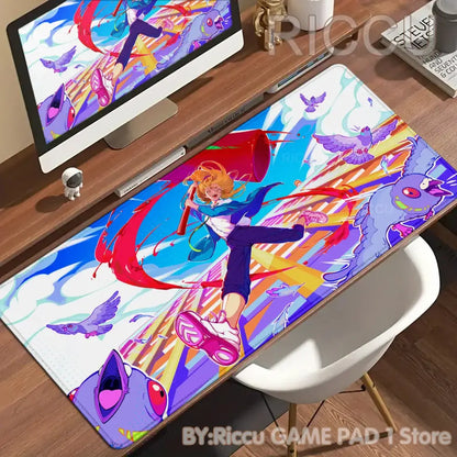 Chainsaw man denji mouse pad vibrant anime desk mat with purple birds colorful streaks on smooth non-slip surface
