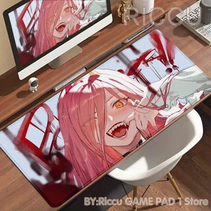 Chainsaw man denji mouse pad desk mat with vibrant pink hair anime design and red industrial background non-slip xxl