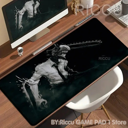 Black chainsaw man denji desk mat mouse pad with detailed grayscale illustration and non slip textured surface