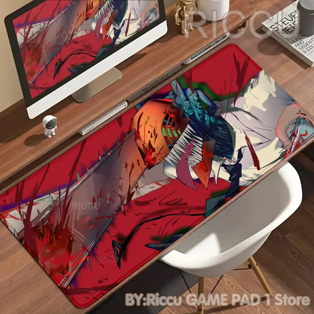 Red and black chainsaw man denji desk mat featuring dynamic chainsaw-wielding characters non-slip mouse pad