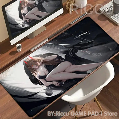 Black and white chainsaw man denji desk mat with red horn character illustration on non-slip xxl mouse pad