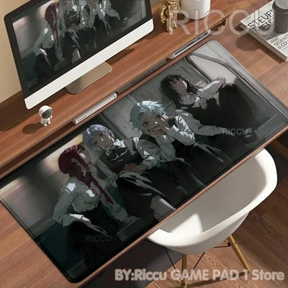 Black and gray chainsaw man denji mouse pad featuring three anime characters in school uniforms non-slip desk mat