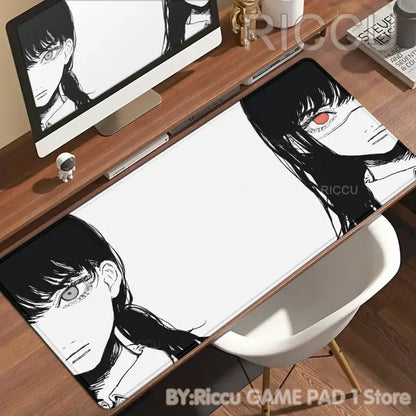 Chainsaw man denji black and white anime mouse pad with red eye detail on white non-slip xxl desk mat