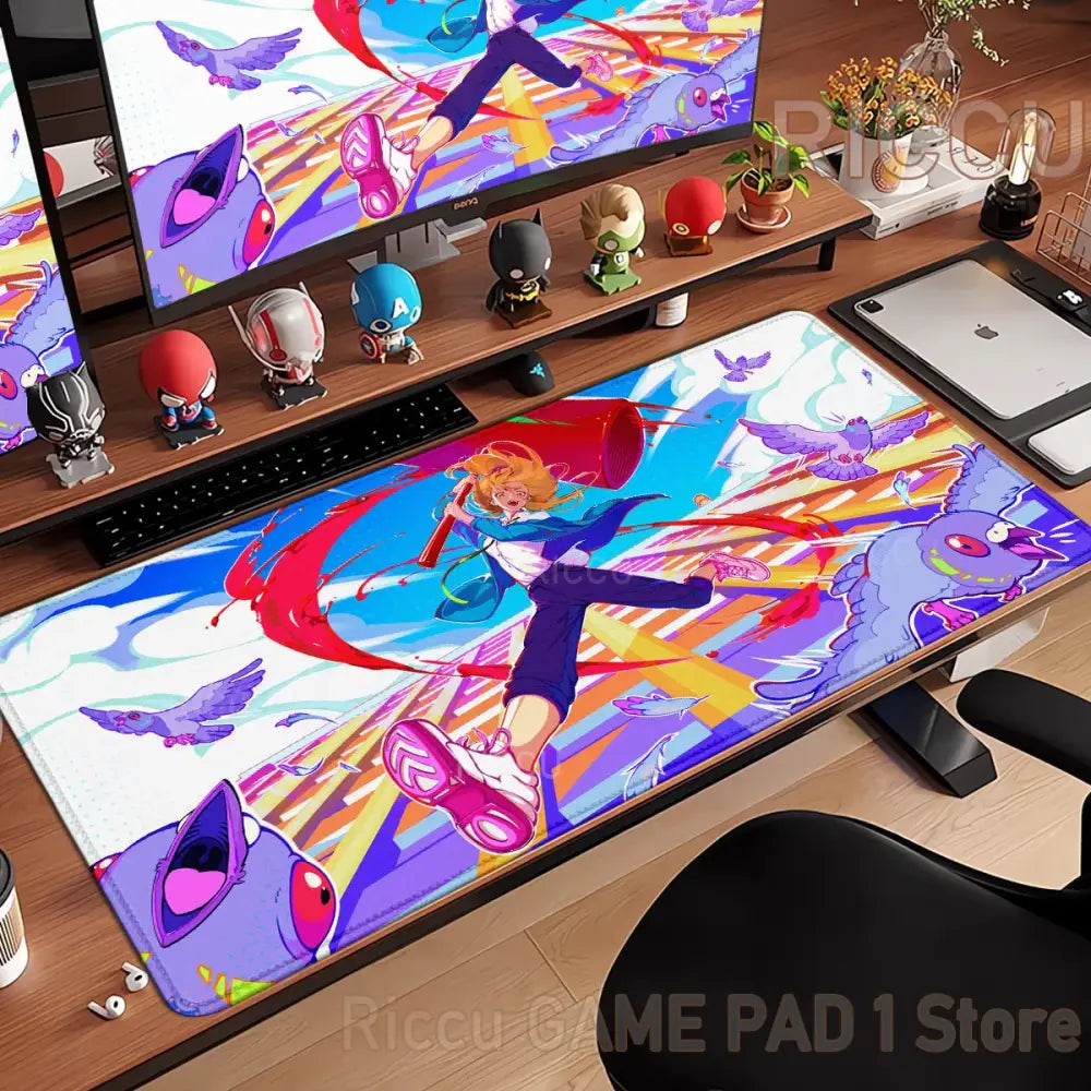 Vibrant chainsaw man denji non-slip xxl desk mat mouse pad with dynamic character and colorful abstract background