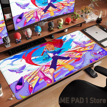 Vibrant chainsaw man denji non-slip xxl desk mat mouse pad with dynamic character and colorful abstract background