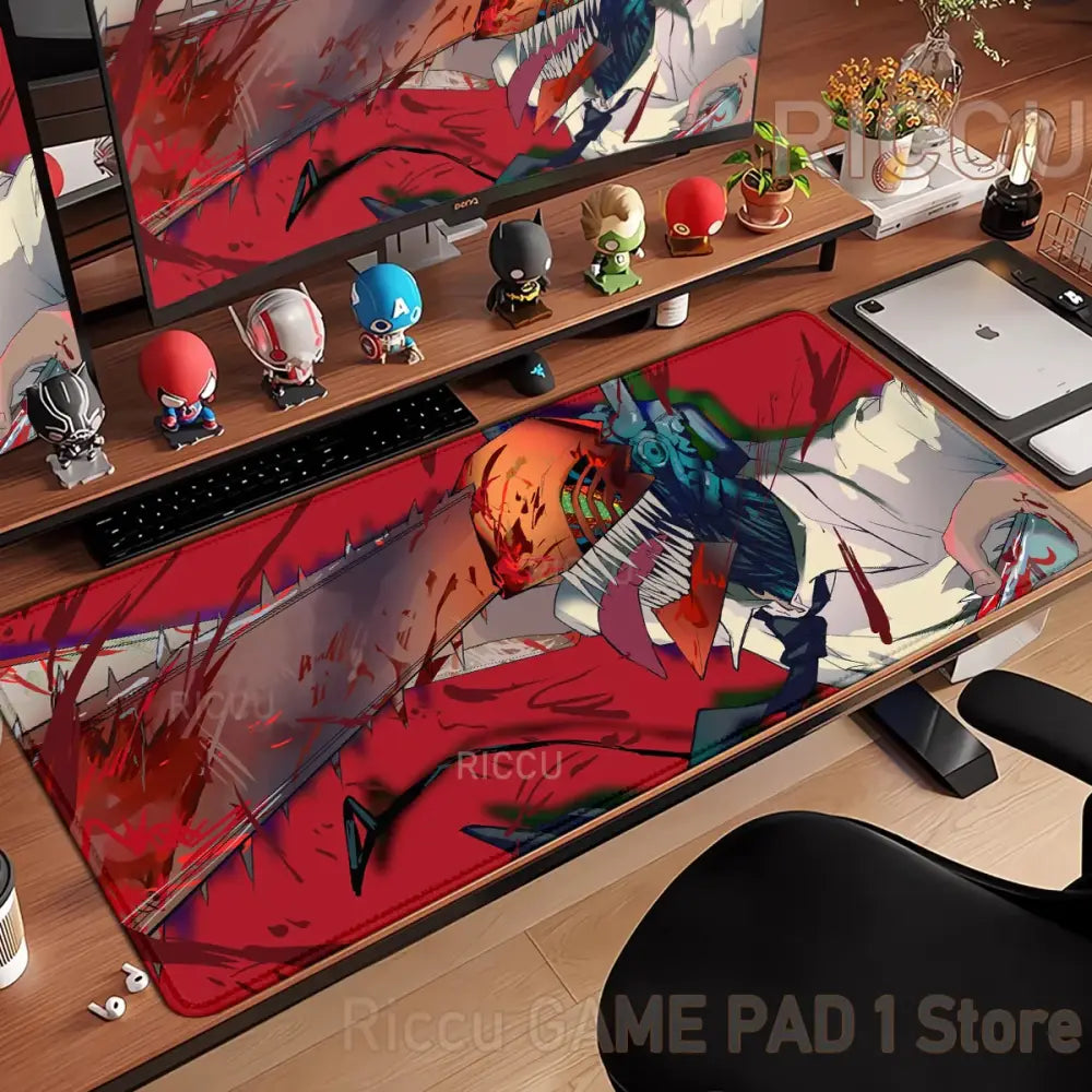 Vibrant red and black chainsaw man denji anime desk mat with dynamic character illustration non-slip xxl mouse pad