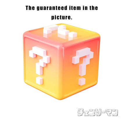 A glossy gradient chainsaw man denji mystery box cube with pixelated white question marks in yellow to orange colors