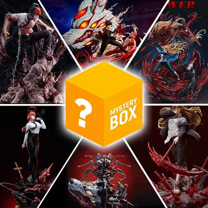 Bright orange chainsaw man denji mystery box with a white question mark featuring rare gold editions