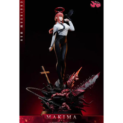 Detailed 1/4 scale makima collectible statue in white blouse and black pants on dark base from chainsaw man mystery box gold editions