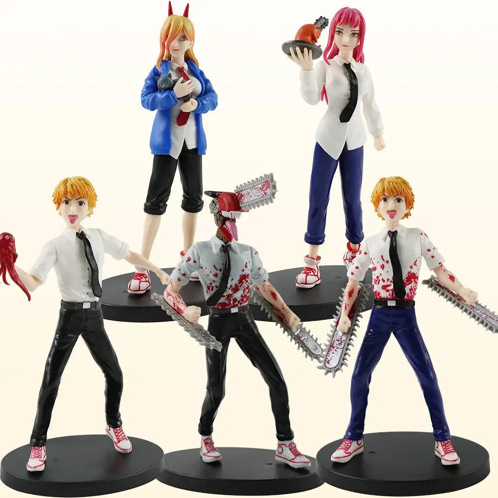 Set of five chainsaw man anime action figures with detailed costumes and accessories on black bases from mystery box gold editions