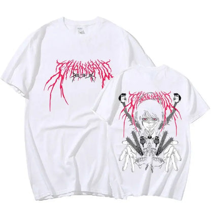White cotton chainsaw man oversized t-shirt featuring anime character with white hair and red ink lettering for cotton comfort