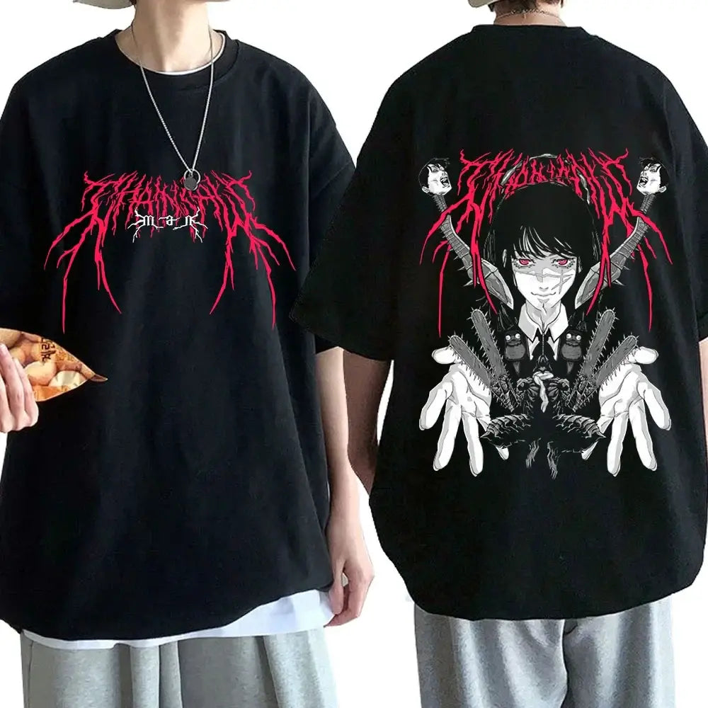 Black oversized chainsaw man t-shirt in soft cotton featuring red and white anime graphic with chainsaws and text