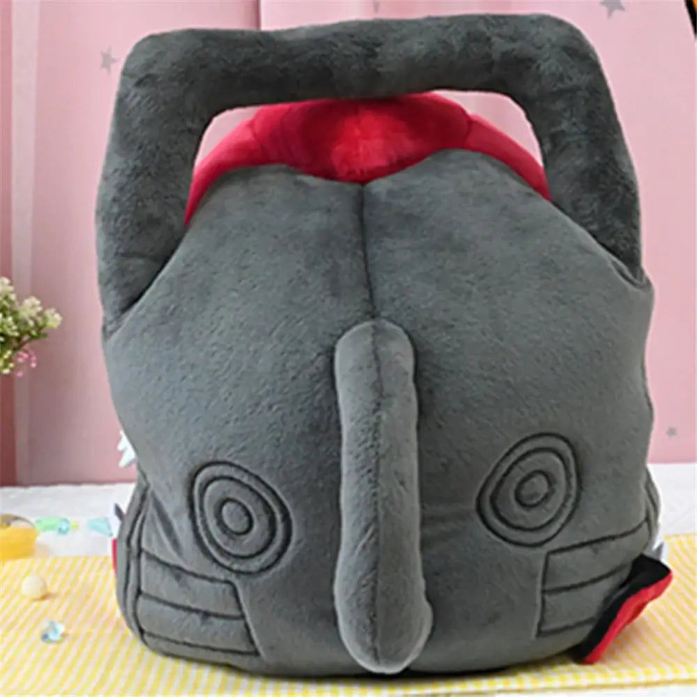Gray plush chainsaw man denji pochita hat with red interior lining and embroidered eyes for adult unisex use