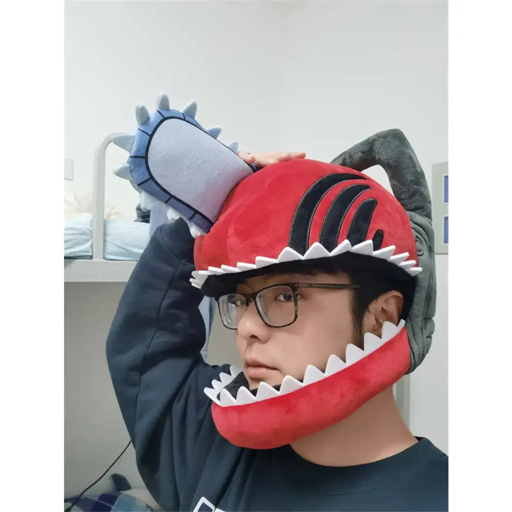 Red plush chainsaw man denji pochita adult unisex hat with black stripes white teeth and gray spiked tail attachment