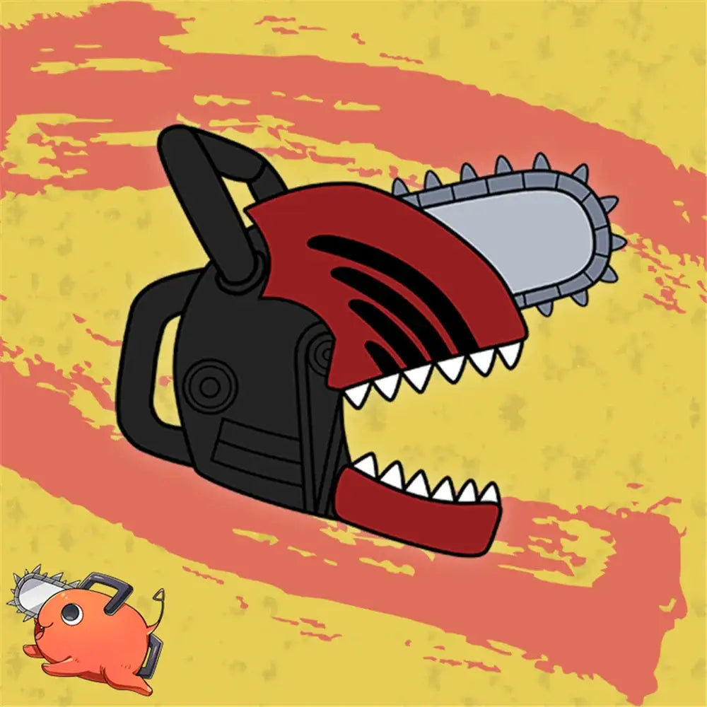 Red and black anime-style chainsaw hat with toothy grin design adult unisex cap inspired by chainsaw man pochita plush