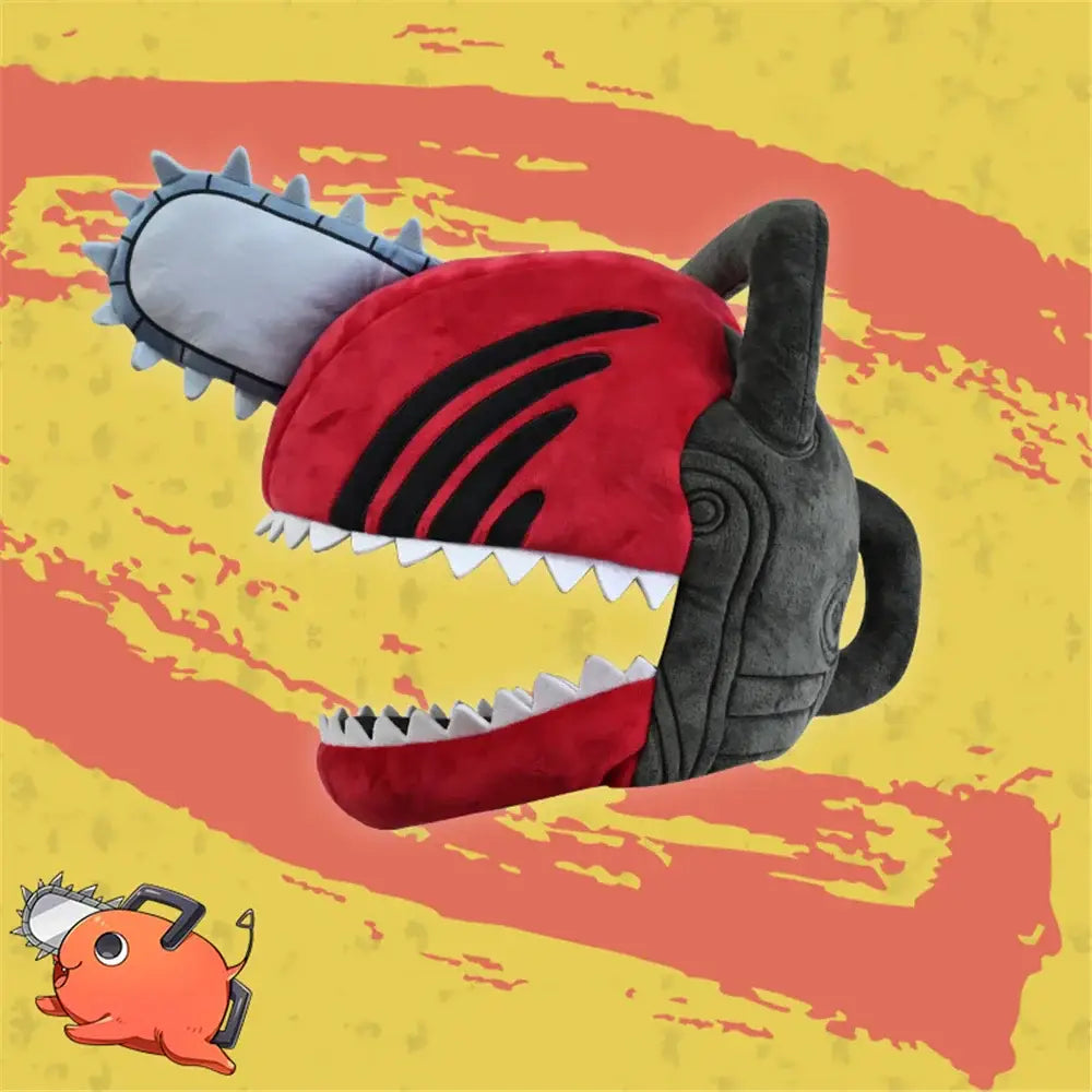 Adult unisex chainsaw man denji pochita plush hat featuring red and black plush chainsaw with gray handle and silver teeth